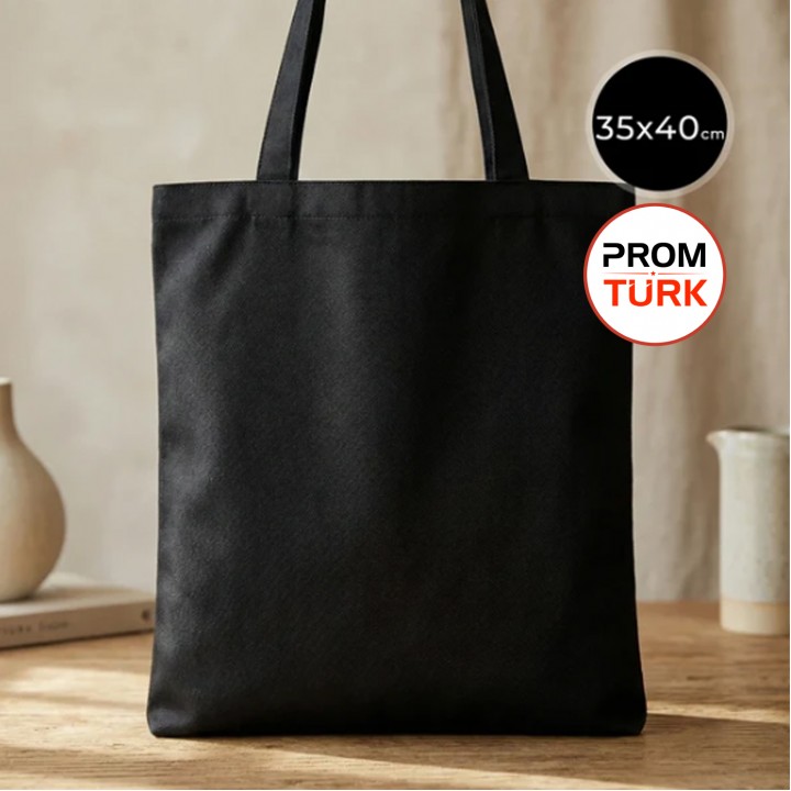 Toptan Logo Baskılı Siyah Gabardin Bez Çanta 35x40 cm